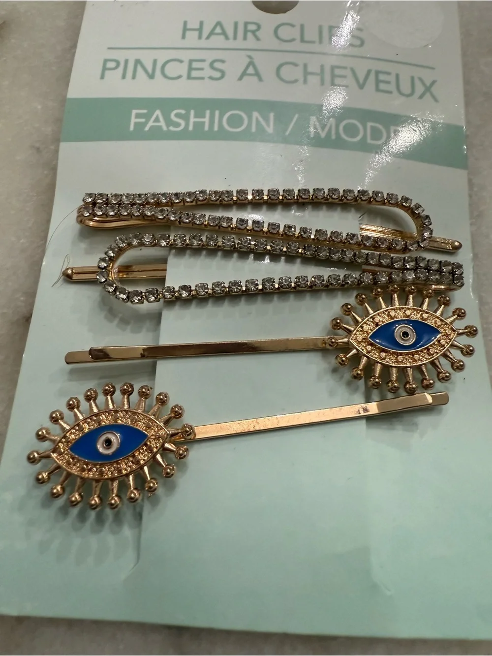NWT Set of Gold Bobby Pin Hair Clip Accessories  - Rhinestone & Evil Eye Details